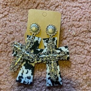 Cow Print Cross Earrings with Silver Accents
